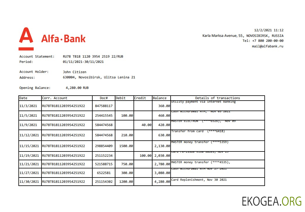 Modèle de relevé bancaire Alfa de Russie facile à remplir au format de fichier .xls et .pdf
